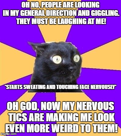 Social anxiety is fun.
Ha, just kidding. | OH NO, PEOPLE ARE LOOKING IN MY GENERAL DIRECTION AND GIGGLING. THEY MUST BE LAUGHING AT ME! *STARTS SWEATING AND TOUCHING FACE NERVOUSLY*; OH GOD, NOW MY NERVOUS TICS ARE MAKING ME LOOK EVEN MORE WEIRD TO THEM! | image tagged in anxiety cat | made w/ Imgflip meme maker