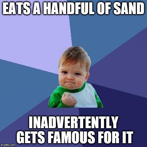 Success Kid Meme | EATS A HANDFUL OF SAND INADVERTENTLY GETS FAMOUS FOR IT | image tagged in memes,success kid | made w/ Imgflip meme maker