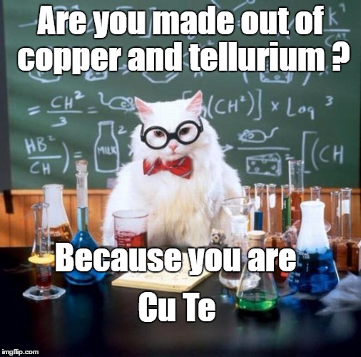 I feel there's real chemistry between us. | Are you made out of copper and tellurium ? Because you are; Cu Te | image tagged in memes,chemistry cat,bad pun,funny,pickup lines,dank | made w/ Imgflip meme maker