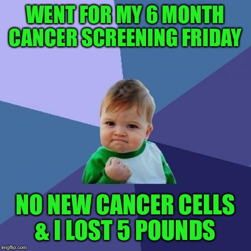 It's been a long 6 months. Thanks to you all for helping me laugh through it.  | WENT FOR MY 6 MONTH CANCER SCREENING FRIDAY; NO NEW CANCER CELLS & I LOST 5 POUNDS | image tagged in memes,success kid | made w/ Imgflip meme maker