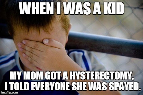 Confession Kid Meme | WHEN I WAS A KID MY MOM GOT A HYSTERECTOMY, I TOLD EVERYONE SHE WAS SPAYED. | image tagged in memes,confession kid | made w/ Imgflip meme maker