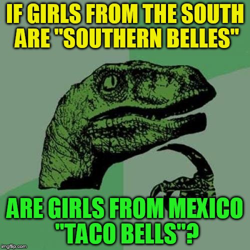 Philosoraptor | IF GIRLS FROM THE SOUTH ARE ''SOUTHERN BELLES''; ARE GIRLS FROM MEXICO ''TACO BELLS''? | image tagged in memes,philosoraptor,taco bell,southern belle,funny meme,jokes | made w/ Imgflip meme maker