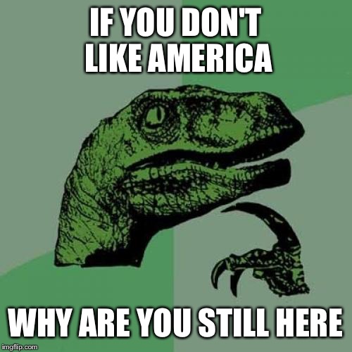 Philosoraptor | IF YOU DON'T LIKE AMERICA; WHY ARE YOU STILL HERE | image tagged in memes,philosoraptor | made w/ Imgflip meme maker