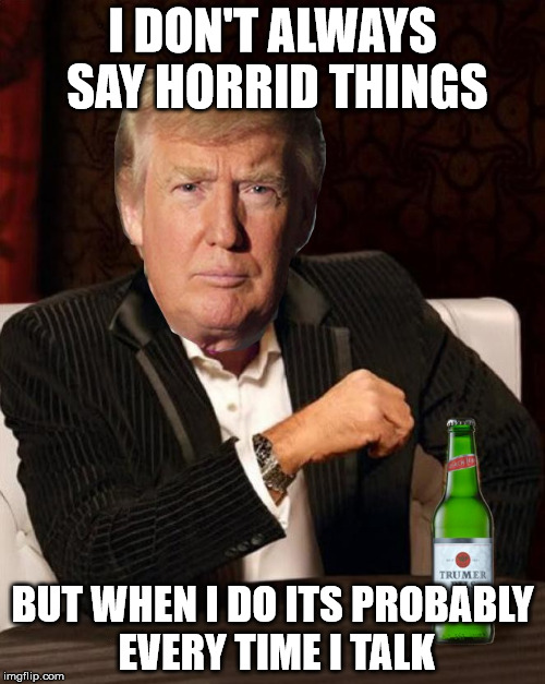 Donald Trump Most Interesting Man In The World (I Don't Always) | I DON'T ALWAYS SAY HORRID THINGS; BUT WHEN I DO ITS PROBABLY EVERY TIME I TALK | image tagged in donald trump most interesting man in the world i don't always | made w/ Imgflip meme maker