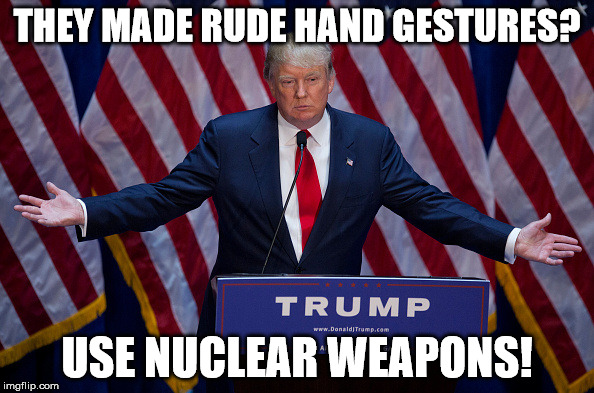 Donald Trump | THEY MADE RUDE HAND GESTURES? USE NUCLEAR WEAPONS! | image tagged in donald trump | made w/ Imgflip meme maker