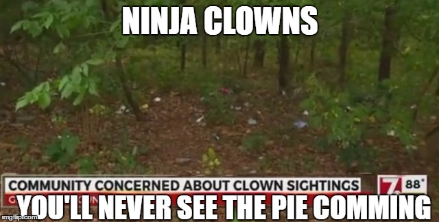 Ninja clowns! | NINJA CLOWNS; YOU'LL NEVER SEE THE PIE COMMING | image tagged in clown concern,ninja,clown,clowns,ninjas | made w/ Imgflip meme maker