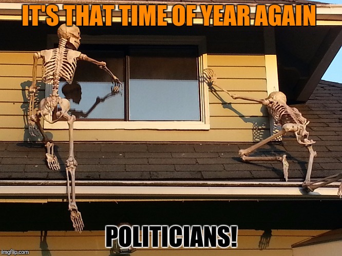 We're here for your votes | IT'S THAT TIME OF YEAR AGAIN; POLITICIANS! | image tagged in skeletons,politicians,votes,campaign | made w/ Imgflip meme maker