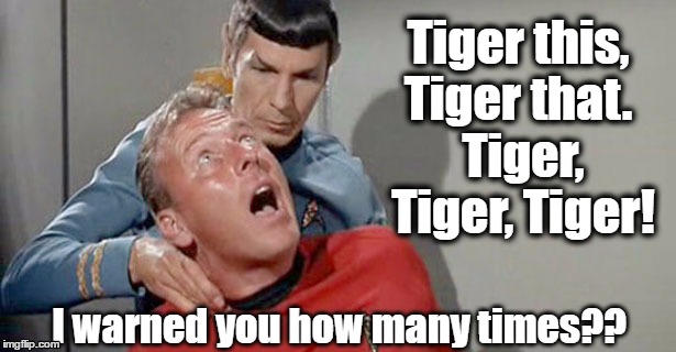 Spock upset with golf channel intern | Tiger this, Tiger that.
 Tiger, Tiger, Tiger! I warned you how many times?? | image tagged in tiger woods,golf,pga,spock,golf channel,star trek | made w/ Imgflip meme maker
