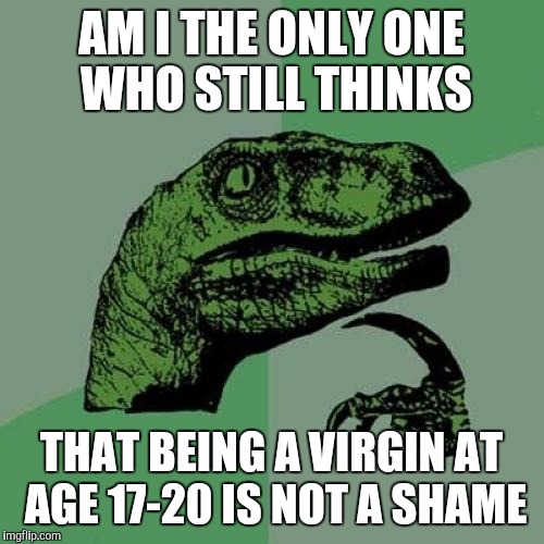 Philosoraptor | AM I THE ONLY ONE WHO STILL THINKS; THAT BEING A VIRGIN AT AGE 17-20 IS NOT A SHAME | image tagged in memes,philosoraptor | made w/ Imgflip meme maker