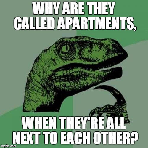 Why Are They Called Apartments? | WHY ARE THEY CALLED APARTMENTS, WHEN THEY'RE ALL NEXT TO EACH OTHER? | image tagged in memes,philosoraptor,apartments,is this a clue,a mythical tag | made w/ Imgflip meme maker