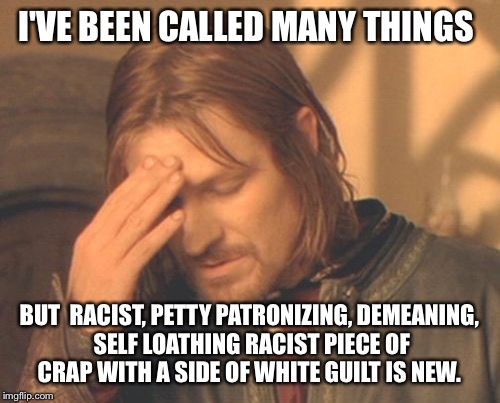Come on, let's respect each other. We don't have to agree, feel free to state your mind, but leave the name calling at the door. | I'VE BEEN CALLED MANY THINGS; BUT  RACIST, PETTY PATRONIZING, DEMEANING, SELF LOATHING RACIST PIECE OF CRAP WITH A SIDE OF WHITE GUILT IS NEW. | image tagged in memes,frustrated boromir | made w/ Imgflip meme maker