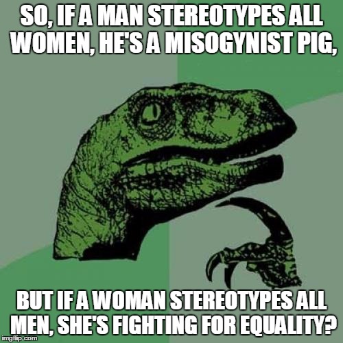Philosoraptor | SO, IF A MAN STEREOTYPES ALL WOMEN, HE'S A MISOGYNIST PIG, BUT IF A WOMAN STEREOTYPES ALL MEN, SHE'S FIGHTING FOR EQUALITY? | image tagged in memes,philosoraptor | made w/ Imgflip meme maker