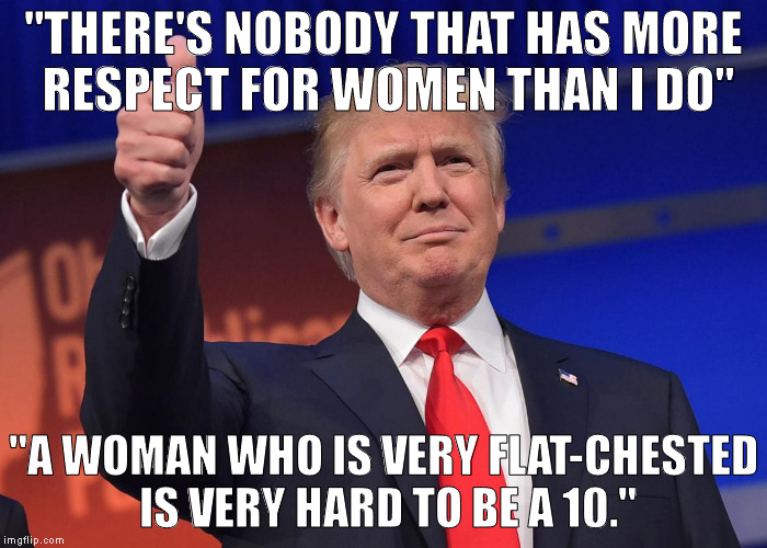 donald trump | "THERE'S NOBODY THAT HAS MORE RESPECT FOR WOMEN THAN I DO"; "A WOMAN WHO IS VERY FLAT-CHESTED IS VERY HARD TO BE A 10." | image tagged in donald trump | made w/ Imgflip meme maker