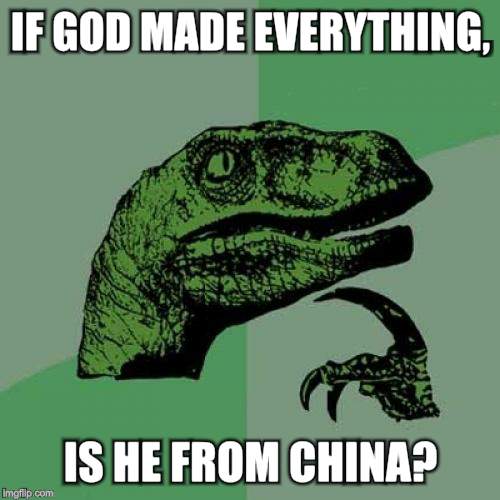 Philosoraptor | IF GOD MADE EVERYTHING, IS HE FROM CHINA? | image tagged in memes,philosoraptor | made w/ Imgflip meme maker