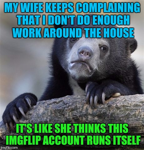 Confession Bear | MY WIFE KEEPS COMPLAINING THAT I DON'T DO ENOUGH WORK AROUND THE HOUSE; IT'S LIKE SHE THINKS THIS IMGFLIP ACCOUNT RUNS ITSELF | image tagged in memes,confession bear | made w/ Imgflip meme maker