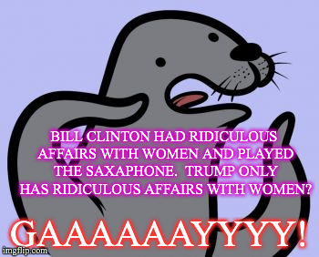 Homophobic Seal Meme | BILL CLINTON HAD RIDICULOUS AFFAIRS WITH WOMEN AND PLAYED THE SAXAPHONE.  TRUMP ONLY HAS RIDICULOUS AFFAIRS WITH WOMEN? GAAAAAAYYYY! | image tagged in memes,homophobic seal | made w/ Imgflip meme maker