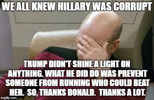 Captain Picard Facepalm Meme | WE ALL KNEW HILLARY WAS CORRUPT TRUMP DIDN'T SHINE A LIGHT ON ANYTHING. WHAT HE DID DO WAS PREVENT SOMEONE FROM RUNNING WHO COULD BEAT HER.  | image tagged in memes,captain picard facepalm | made w/ Imgflip meme maker