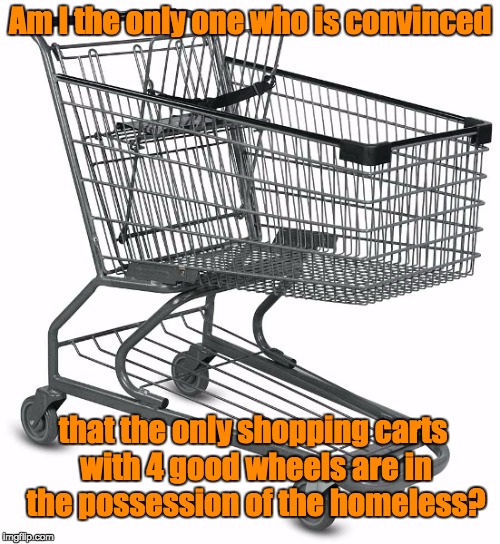 Shopping cart | Am I the only one who is convinced; that the only shopping carts with 4 good wheels are in the possession of the homeless? | image tagged in shopping cart | made w/ Imgflip meme maker