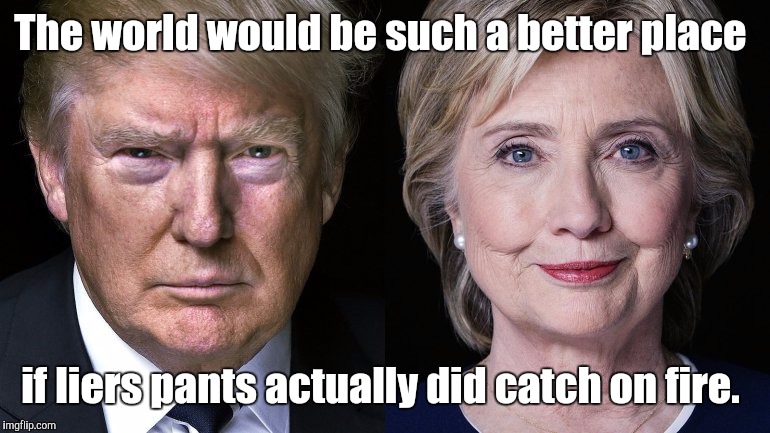 Donald Trump and Hillary Clinton | The world would be such a better place; if liers pants actually did catch on fire. | image tagged in donald trump and hillary clinton | made w/ Imgflip meme maker