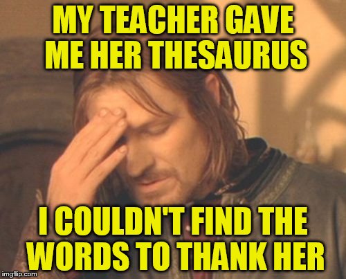 Frustrated Boromir Meme | MY TEACHER GAVE ME HER THESAURUS; I COULDN'T FIND THE WORDS TO THANK HER | image tagged in memes,frustrated boromir | made w/ Imgflip meme maker