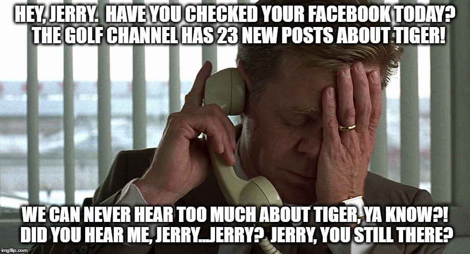 Fargo Jerry Tiger | HEY, JERRY.  HAVE YOU CHECKED YOUR FACEBOOK TODAY?  THE GOLF CHANNEL HAS 23 NEW POSTS ABOUT TIGER! WE CAN NEVER HEAR TOO MUCH ABOUT TIGER, YA KNOW?!  DID YOU HEAR ME, JERRY...JERRY?  JERRY, YOU STILL THERE? | image tagged in tiger woods,fargo,pga tour,pga,golf,golf channel | made w/ Imgflip meme maker