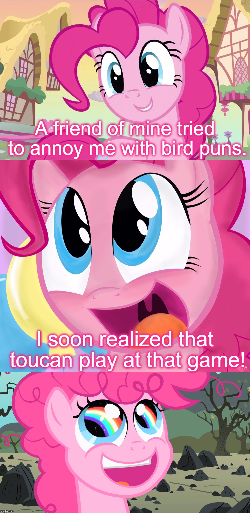 Bad Pun Pinkie Pie, If You Want To Know Who She Talking About It's Cheese Sandwich.  | A friend of mine tried to annoy me with bird puns. I soon realized that toucan play at that game! | image tagged in bad pun pinkie pie,memes,pinkie pie,mlp,my little pony,bad pun | made w/ Imgflip meme maker