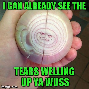 Sometimes the onion makes it easy to chop him up... | I CAN ALREADY SEE THE; TEARS WELLING UP YA WUSS | image tagged in onion face,memes,food,funny food,funny,face your tears | made w/ Imgflip meme maker