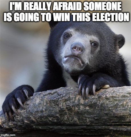 Is it 2024 yet? | I'M REALLY AFRAID SOMEONE IS GOING TO WIN THIS ELECTION | image tagged in memes,confession bear,hillary clinton,jill stein,bacon,justkiddingtrump2016 | made w/ Imgflip meme maker