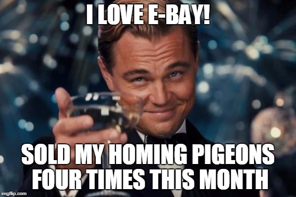 Leonardo Dicaprio Cheers | I LOVE E-BAY! SOLD MY HOMING PIGEONS FOUR TIMES THIS MONTH | image tagged in memes,leonardo dicaprio cheers | made w/ Imgflip meme maker