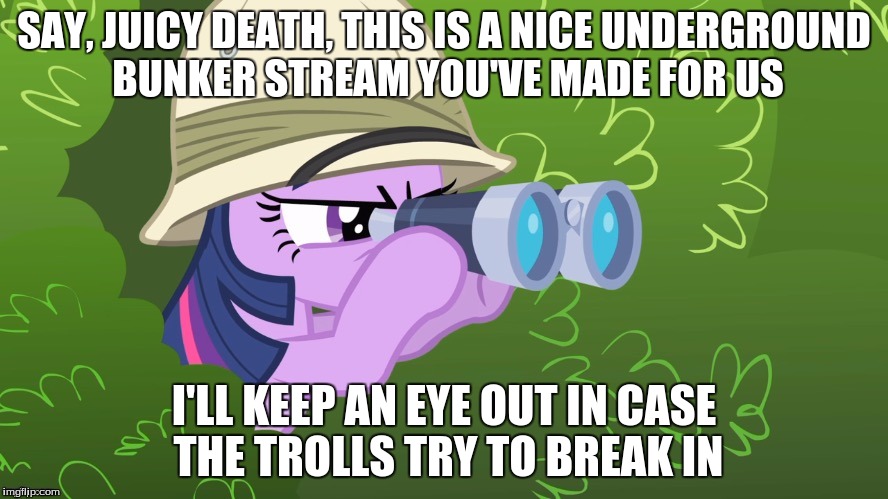 SAY, JUICY DEATH, THIS IS A NICE UNDERGROUND BUNKER STREAM YOU'VE MADE FOR US; I'LL KEEP AN EYE OUT IN CASE THE TROLLS TRY TO BREAK IN | made w/ Imgflip meme maker