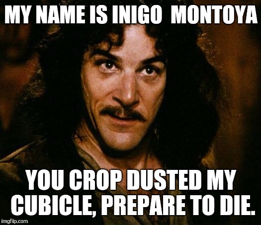 Inigo Montoya | MY NAME IS INIGO  MONTOYA; YOU CROP DUSTED MY CUBICLE, PREPARE TO DIE. | image tagged in memes,inigo montoya | made w/ Imgflip meme maker