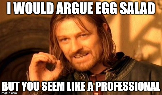 One Does Not Simply Meme | I WOULD ARGUE EGG SALAD BUT YOU SEEM LIKE A PROFESSIONAL | image tagged in memes,one does not simply | made w/ Imgflip meme maker