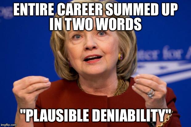 Very calculating and has an angle for everything  | ENTIRE CAREER SUMMED UP; IN TWO WORDS; "PLAUSIBLE DENIABILITY" | image tagged in hillary clinton | made w/ Imgflip meme maker