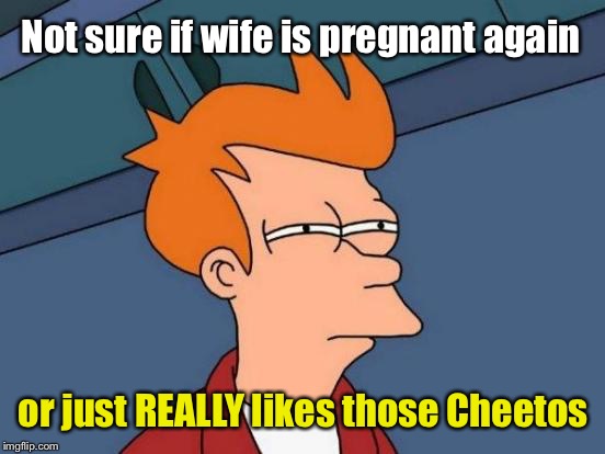 Futurama Fry Meme | Not sure if wife is pregnant again or just REALLY likes those Cheetos | image tagged in memes,futurama fry | made w/ Imgflip meme maker