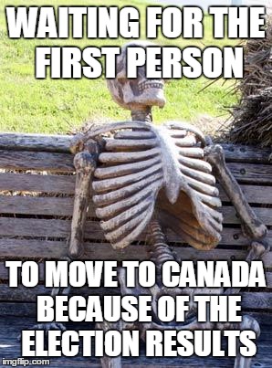 Canada, eh ? | WAITING FOR THE FIRST PERSON; TO MOVE TO CANADA BECAUSE OF THE ELECTION RESULTS | image tagged in memes,waiting skeleton | made w/ Imgflip meme maker