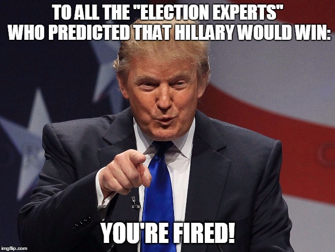 Donald Trump  | TO ALL THE "ELECTION EXPERTS" WHO PREDICTED THAT HILLARY WOULD WIN:; YOU'RE FIRED! | image tagged in donald trump | made w/ Imgflip meme maker