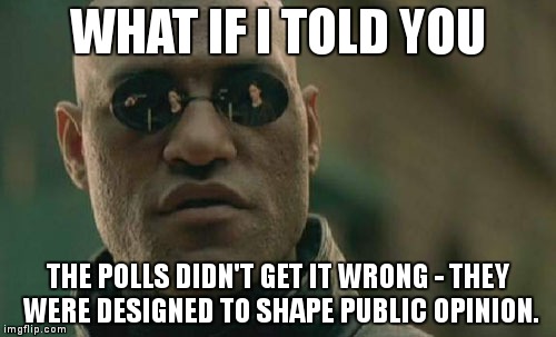 The polls didn't get it wrong. | WHAT IF I TOLD YOU; THE POLLS DIDN'T GET IT WRONG - THEY WERE DESIGNED TO SHAPE PUBLIC OPINION. | image tagged in memes,matrix morpheus,politics,trump,hillaryclinton | made w/ Imgflip meme maker