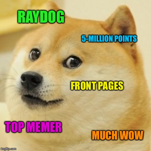 Raydog Doge Meme - Use The Username Weekend! | RAYDOG; 5-MILLION POINTS; FRONT PAGES; TOP MEMER; MUCH WOW | image tagged in memes,doge,raydog,funny,use someones username in your meme,use the username weekend | made w/ Imgflip meme maker