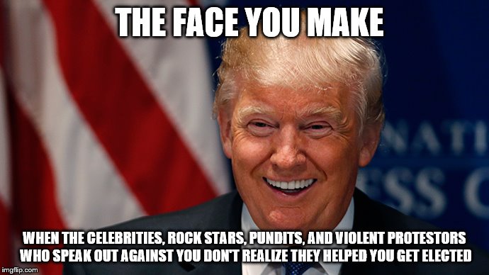 The biggest detractors were his biggest asset | THE FACE YOU MAKE; WHEN THE CELEBRITIES, ROCK STARS, PUNDITS, AND VIOLENT PROTESTORS WHO SPEAK OUT AGAINST YOU DON'T REALIZE THEY HELPED YOU GET ELECTED | image tagged in laughing donald trump | made w/ Imgflip meme maker