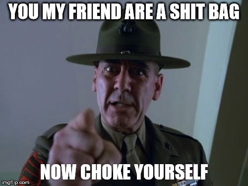 Sergeant Hartmann | YOU MY FRIEND ARE A SHIT BAG; NOW CHOKE YOURSELF | image tagged in memes,sergeant hartmann | made w/ Imgflip meme maker