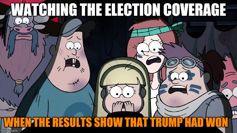 If Gravity Falls were watching the presidential election.... | WATCHING THE ELECTION COVERAGE; WHEN THE RESULTS SHOW THAT TRUMP HAD WON | image tagged in memes,reactions,2016 us election,gravity falls,watching tv,donald trump 2016 | made w/ Imgflip meme maker