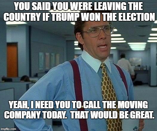 That Would Be Great Meme | YOU SAID YOU WERE LEAVING THE COUNTRY IF TRUMP WON THE ELECTION; YEAH, I NEED YOU TO CALL THE MOVING COMPANY TODAY.  THAT WOULD BE GREAT. | image tagged in memes,that would be great | made w/ Imgflip meme maker