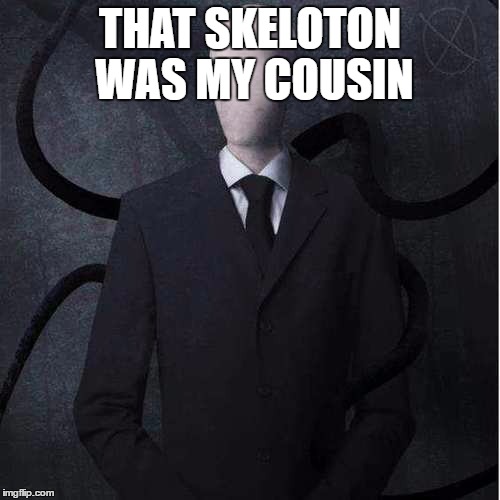 slendy does not aprove | THAT SKELOTON WAS MY COUSIN | image tagged in memes,slenderman,undertale,bad time | made w/ Imgflip meme maker