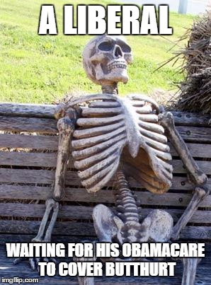 Muh butthurt | A LIBERAL; WAITING FOR HIS OBAMACARE TO COVER BUTTHURT | image tagged in memes,waiting skeleton | made w/ Imgflip meme maker