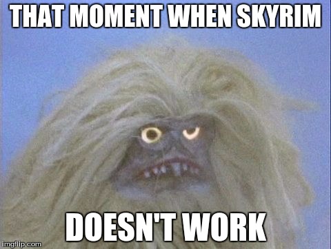 Annoyed and confused Yeti | THAT MOMENT WHEN SKYRIM; DOESN'T WORK | image tagged in annoyed and confused yeti | made w/ Imgflip meme maker