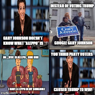 How Rachel Maddow Caused Trump to Win | INSTEAD OF VOTING TRUMP; GARY JOHNSON DOESN'T KNOW WHAT "ALEPPO" IS; GOOGLE GARY JOHNSON; YOU THIRD PARTY VOTERS; UH ...WUT IS ALLEPO .. HUH HUH; CAUSED TRUMP TO WIN! I HAVE A LEPPO IN MY BUNGHOLE | image tagged in rachel maddow,trump,gary johnson,third party,aleppo,libertarian | made w/ Imgflip meme maker