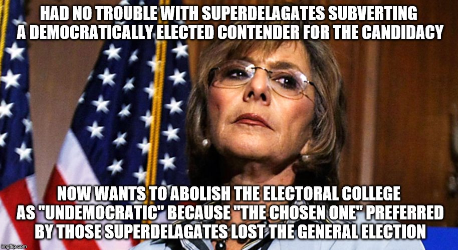 HAD NO TROUBLE WITH SUPERDELAGATES SUBVERTING A DEMOCRATICALLY ELECTED CONTENDER FOR THE CANDIDACY; NOW WANTS TO ABOLISH THE ELECTORAL COLLEGE AS "UNDEMOCRATIC" BECAUSE "THE CHOSEN ONE" PREFERRED BY THOSE SUPERDELAGATES LOST THE GENERAL ELECTION | image tagged in electoral college,barbara boxer | made w/ Imgflip meme maker