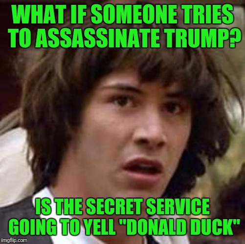 Conspiracy Keanu | WHAT IF SOMEONE TRIES TO ASSASSINATE TRUMP? IS THE SECRET SERVICE GOING TO YELL "DONALD DUCK" | image tagged in memes,conspiracy keanu | made w/ Imgflip meme maker