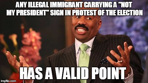 An unintentional truth  | ANY ILLEGAL IMMIGRANT CARRYING A "NOT MY PRESIDENT" SIGN IN PROTEST OF THE ELECTION; HAS A VALID POINT | image tagged in memes,steve harvey | made w/ Imgflip meme maker