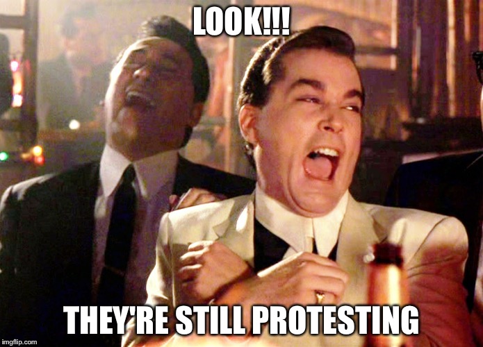 Good Fellas Hilarious | LOOK!!! THEY'RE STILL PROTESTING | image tagged in memes,good fellas hilarious | made w/ Imgflip meme maker